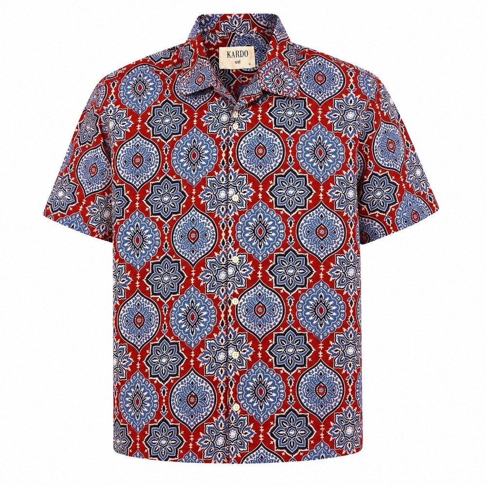 Kardo Handcrafted Cotton Lamar Block Print Shirt Red Blue Medium
